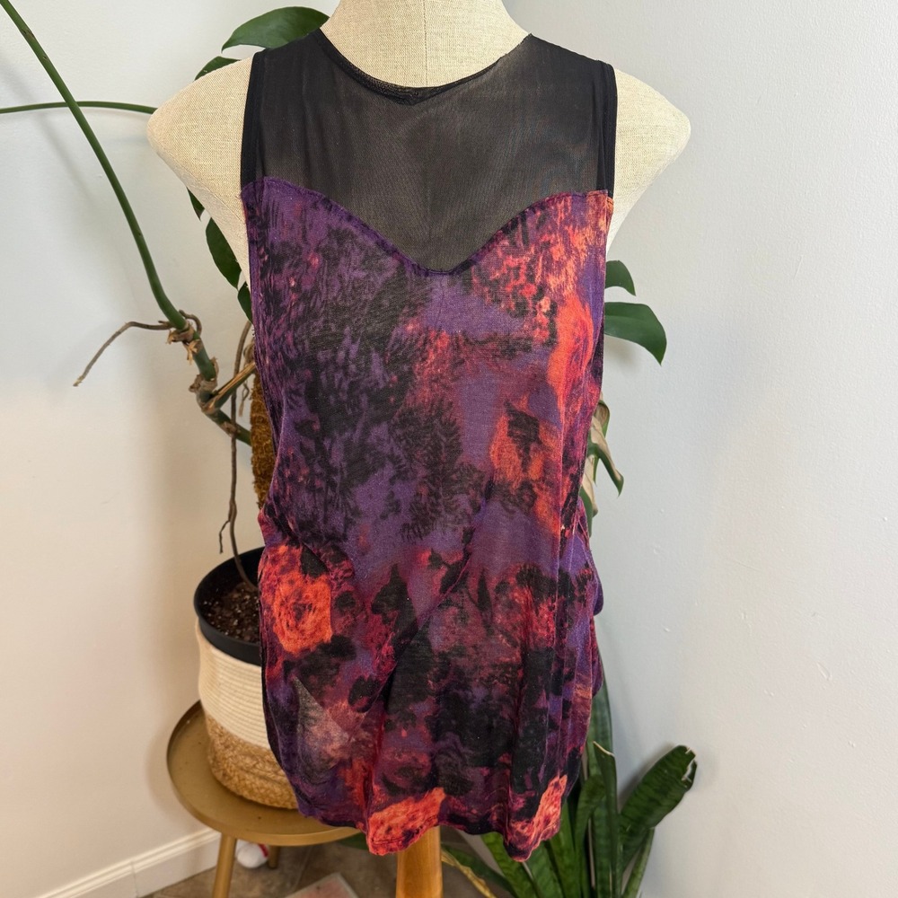 Daydreamer LA Tank Top Womens Small Purple Floral Mesh Yoke Burnout Edgy Grunge